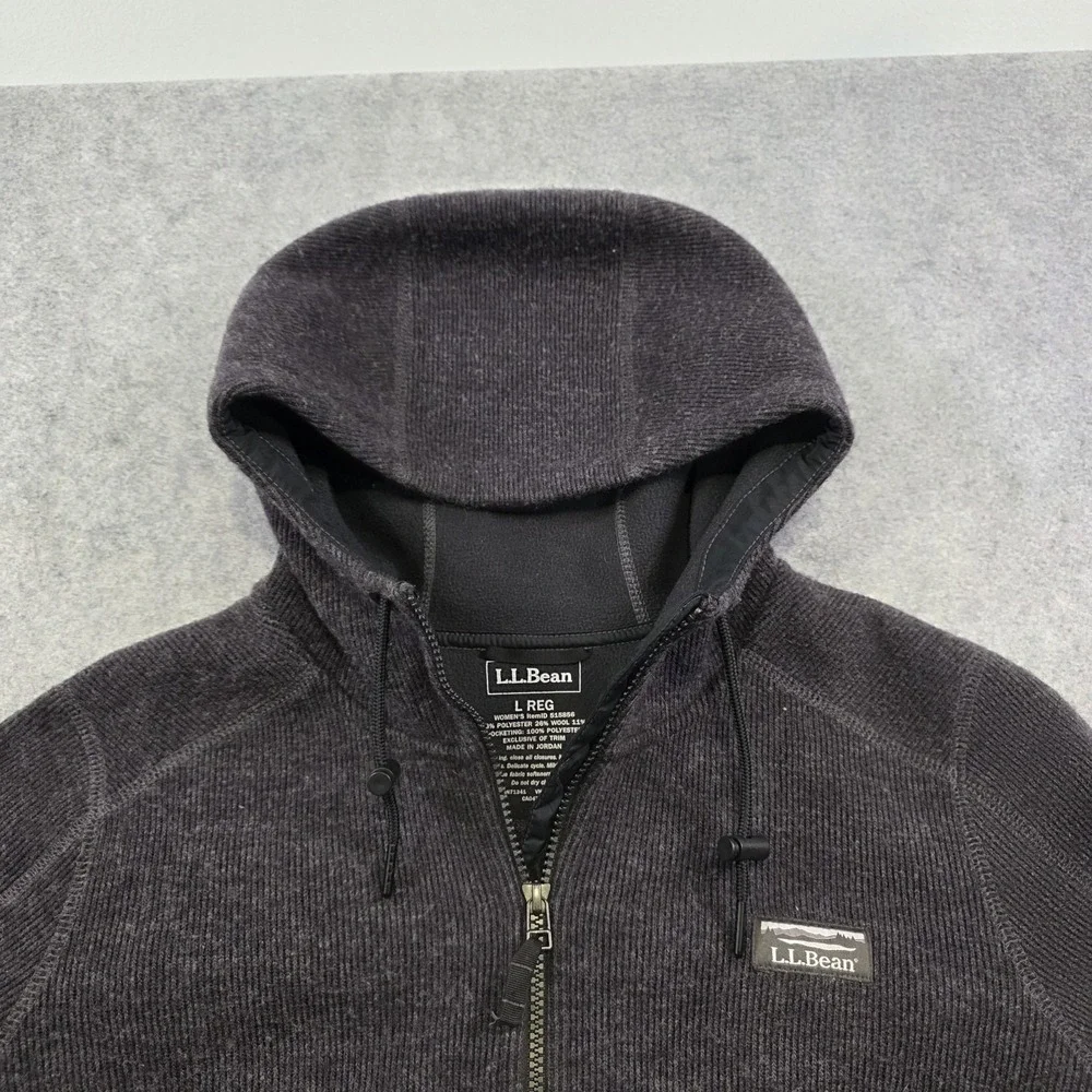 L.L.Bean Wooltek Coat Womens L Gray Wool Blend Fleece Hooded Full Zip Mid Length